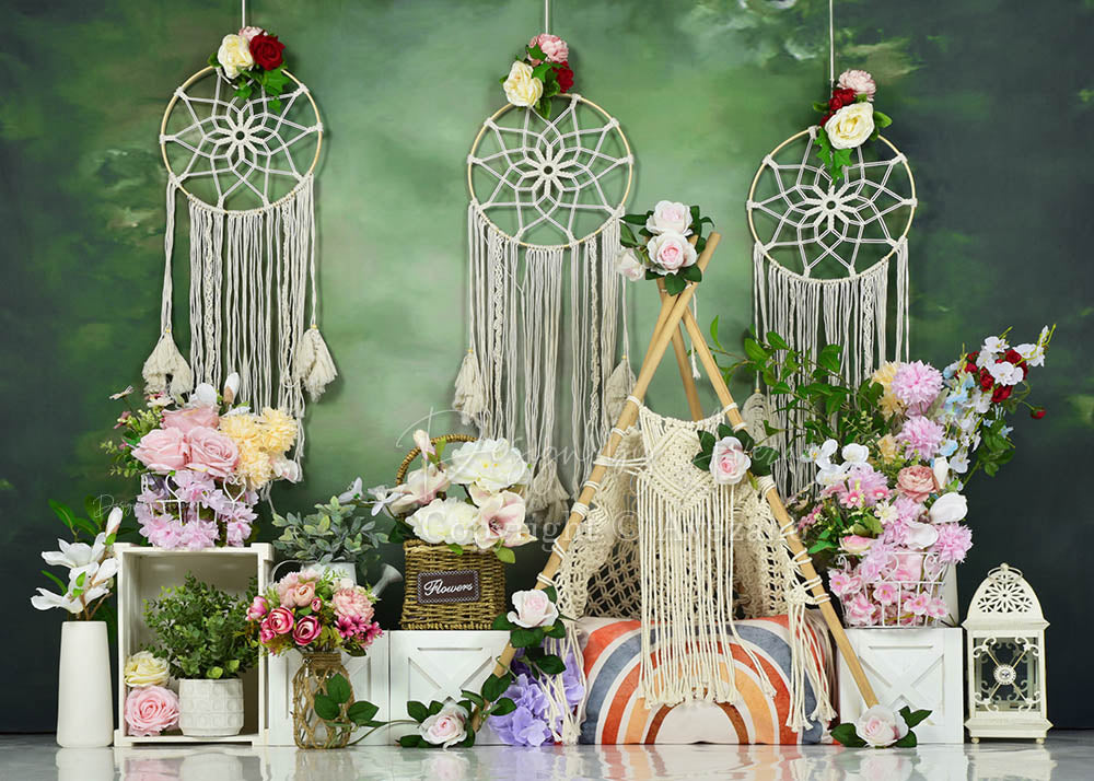 Avezano Green Abstract Background Boho Flowers Backdrop For Photography-AVEZANO